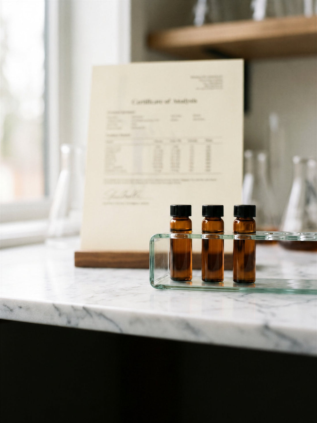 Amber sample vials in front of a printed certificate of analysis on a marble lab counter
