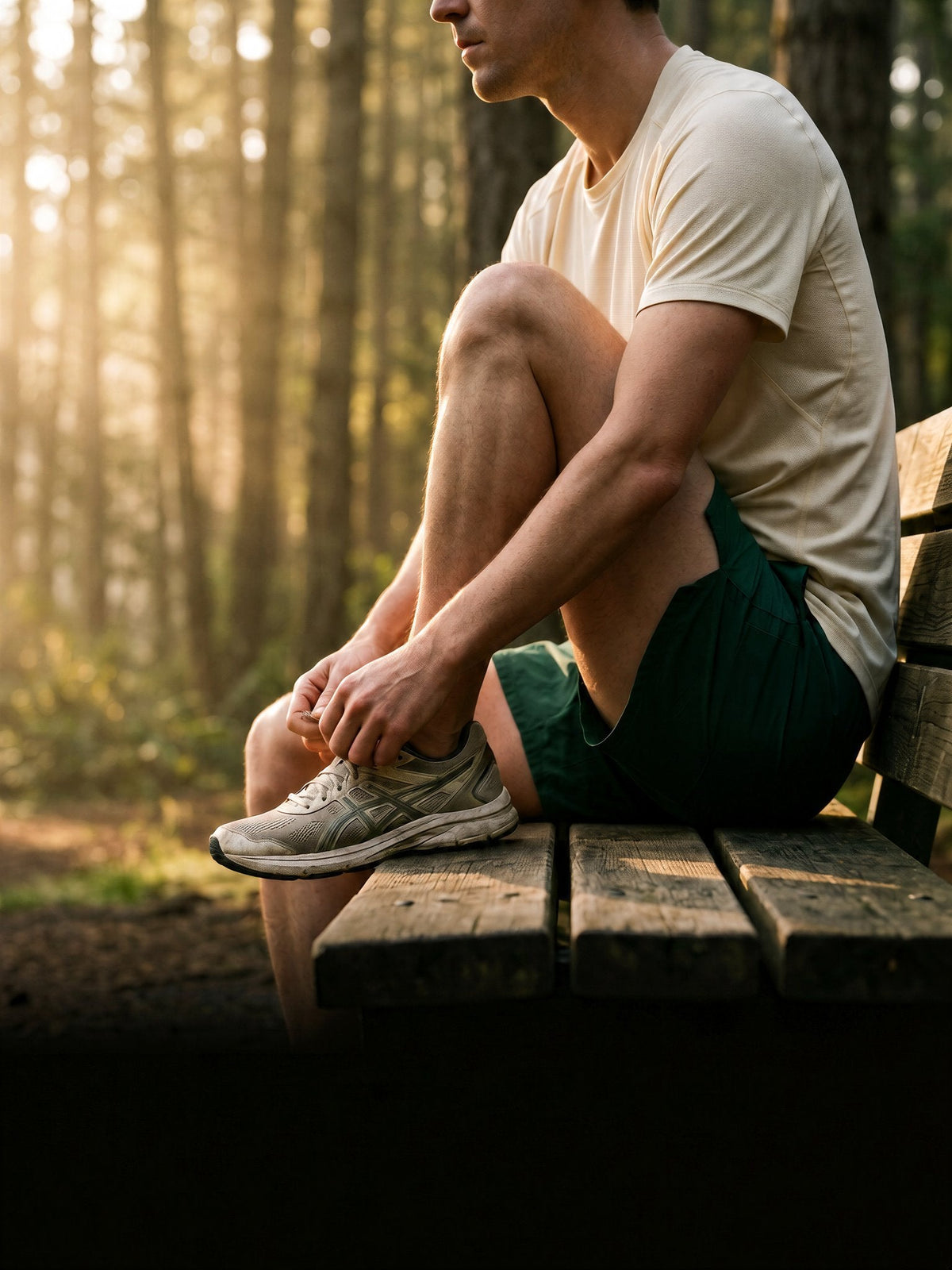 Runner on a wooden bench in a sunlit forest tying a running shoe