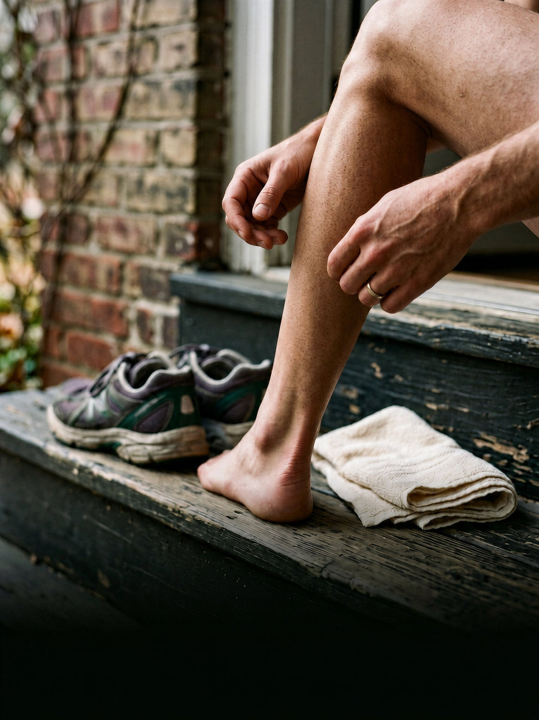 Runner sitting on a porch step working their calf, running shoes and towel beside them